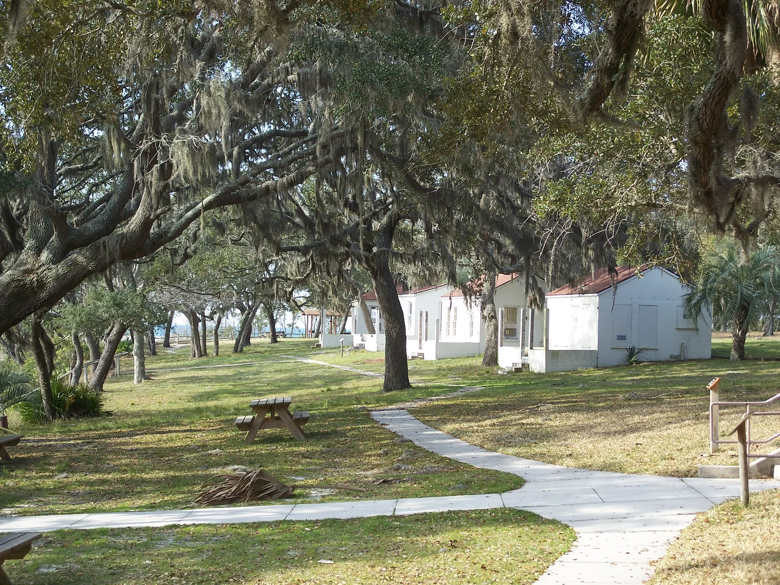 Cottages beneath spreading oak branches at Camp Helen State Park.